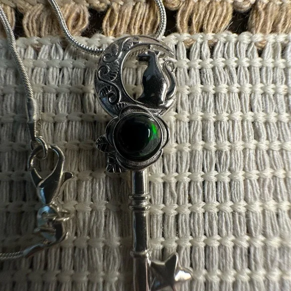 Silver 925 Cat and Moon Key Shape Pendant Necklace on Stainless Steel Chain - Picture 13 of 16
